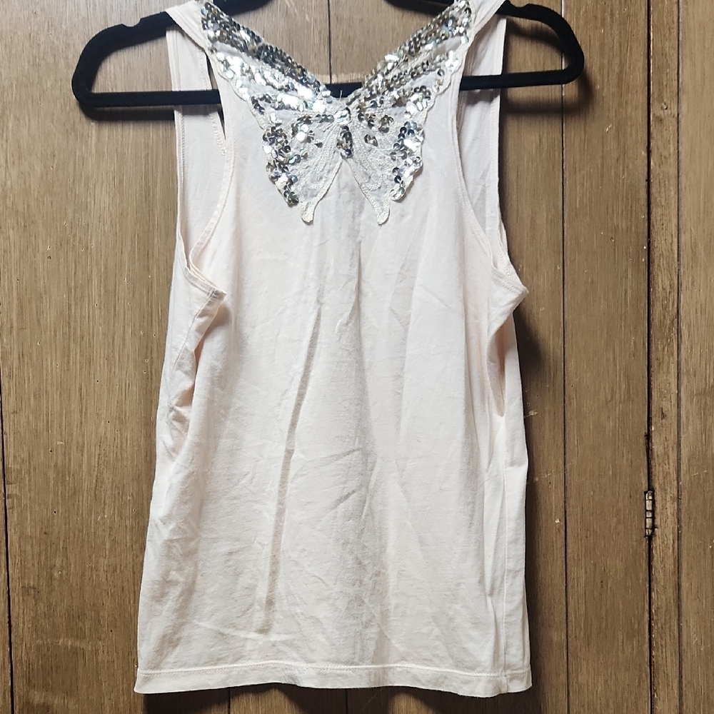 Cream Sequin Embellished Tank Top with Decorative Neckline Butterfly On The Back
